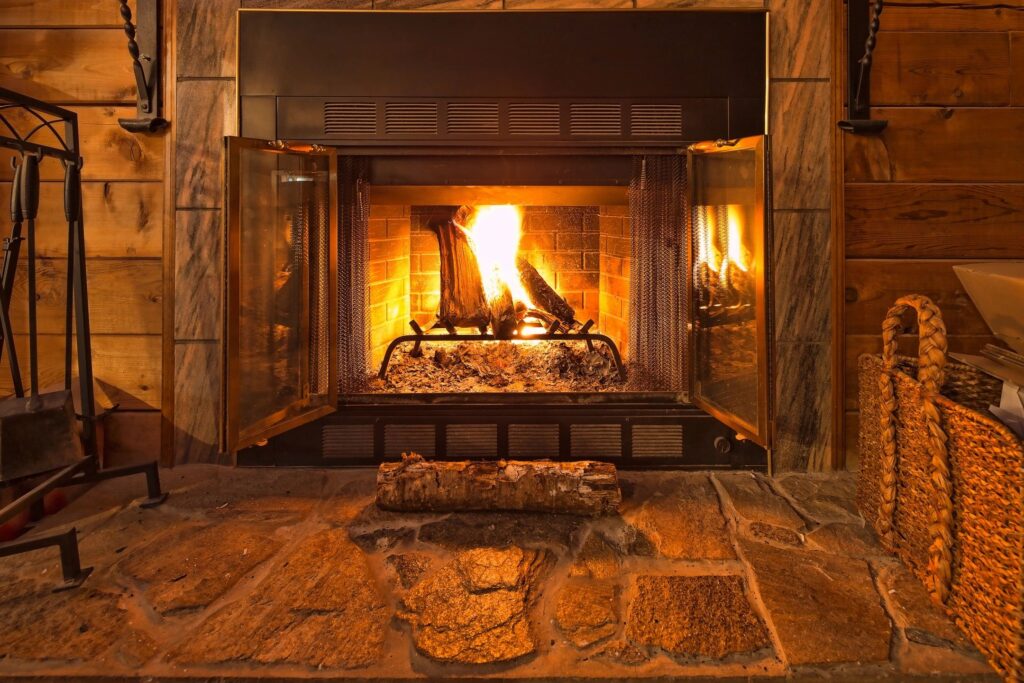 A fireplace with wood burning in it